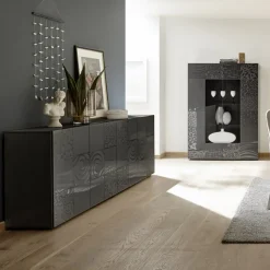 Garnero Arredamenti Credenze Moderne|Madie Moderne-Madia 241x84h cm 4 ante moderna grigio scuro con serigrafia Paradise Antracite