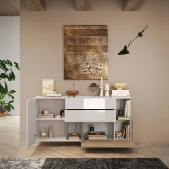 Garnero Arredamenti Credenze Moderne|Madie Moderne-Madia 181x94h cm 2 ante moderna bianco lucido rovere chiaro Witty Rovere - Bianco Lucido