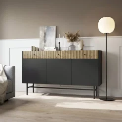 Garnero Arredamenti Credenze Moderne|Madie Moderne-Madia 155x90h cm 3 ante moderna nero rovere cannettato Eterna Nero Opaco - Rovere