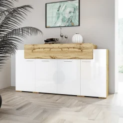 Garnero Arredamenti Credenze Moderne|Madie Moderne-Madia 200x87h cm 4 ante moderna bianco lucido quercia Shan