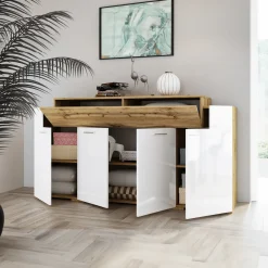 Garnero Arredamenti Credenze Moderne|Madie Moderne-Madia 200x87h cm 4 ante moderna bianco lucido quercia Shan