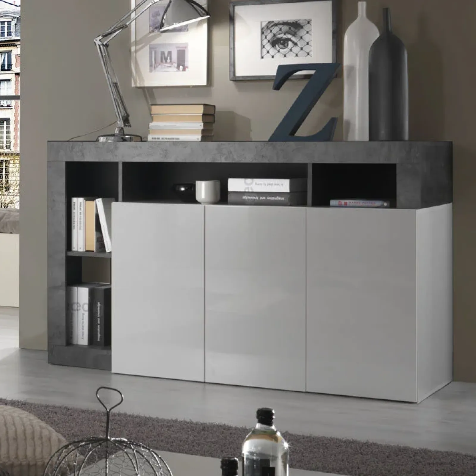 Garnero Arredamenti Credenze Moderne|Madie Moderne-Madia 146x93h cm 3 ante moderna bianco lucido ossido Invictus Bianco Lucido - Ossido