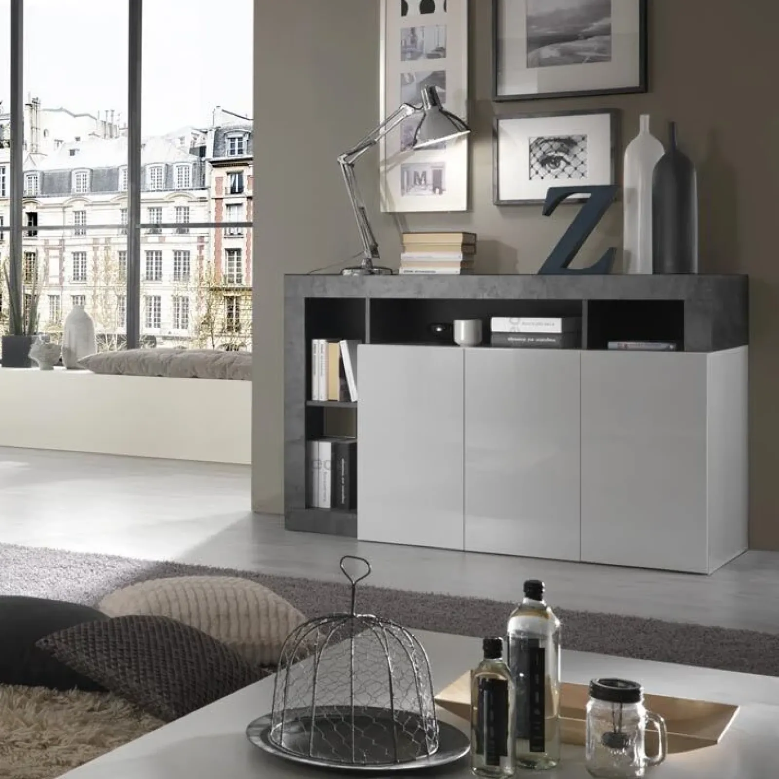 Garnero Arredamenti Credenze Moderne|Madie Moderne-Madia 146x93h cm 3 ante moderna bianco lucido ossido Invictus Bianco Lucido - Ossido