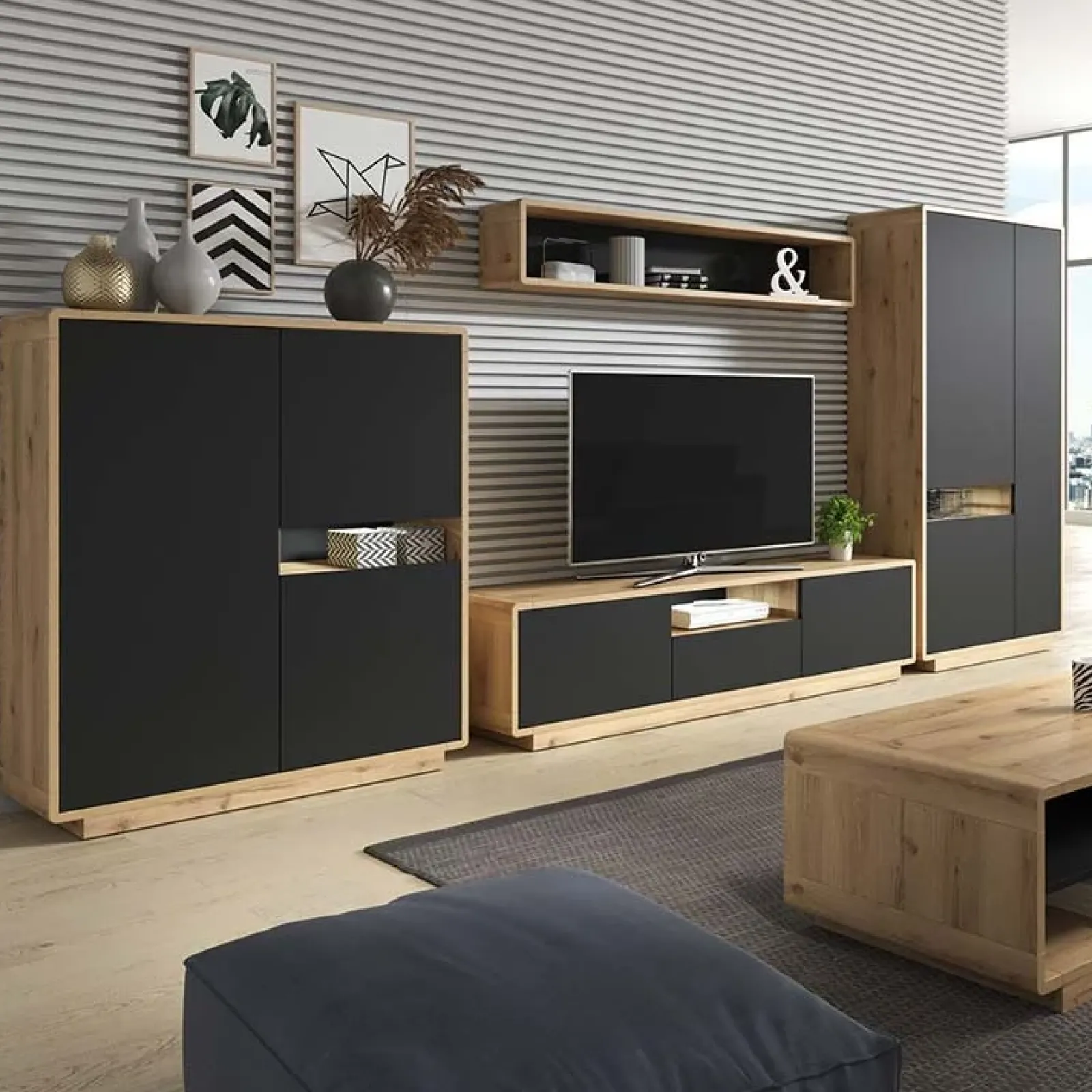 Garnero Arredamenti Credenze Moderne|Madie Moderne-Madia 121x126h cm 3 ante moderna nero opaco rovere Esmond