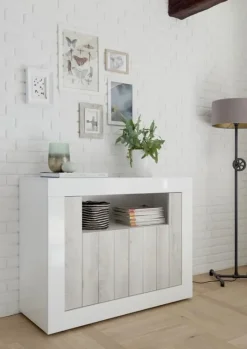 Garnero Arredamenti Credenze Moderne|Madie Moderne-Madia 110x86h cm 2 ante moderna soggiorno bianco lucido bianco frassinato Florena Bianco Lucido - Bianco Frassinato