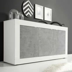 Garnero Arredamenti Credenze Moderne|Madie Moderne-Madia 160x86h cm 3 ante moderna bianco lucido cemento Eternity Cemento - Bianco Lucido
