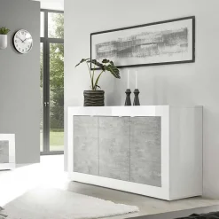 Garnero Arredamenti Credenze Moderne|Madie Moderne-Madia 160x86h cm 3 ante moderna bianco lucido cemento Eternity Cemento - Bianco Lucido