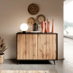 Garnero Arredamenti Credenze Moderne|Madie Moderne-Madia 104x78h cm 2 ante moderna rovere cannettato nero Celestia Rovere Rustico - Nero opaco