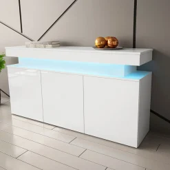 Garnero Arredamenti Credenze Moderne|Madie Moderne-Madia 160x83h cm 3 ante moderna con led bianco Lumus Bianco Lucido