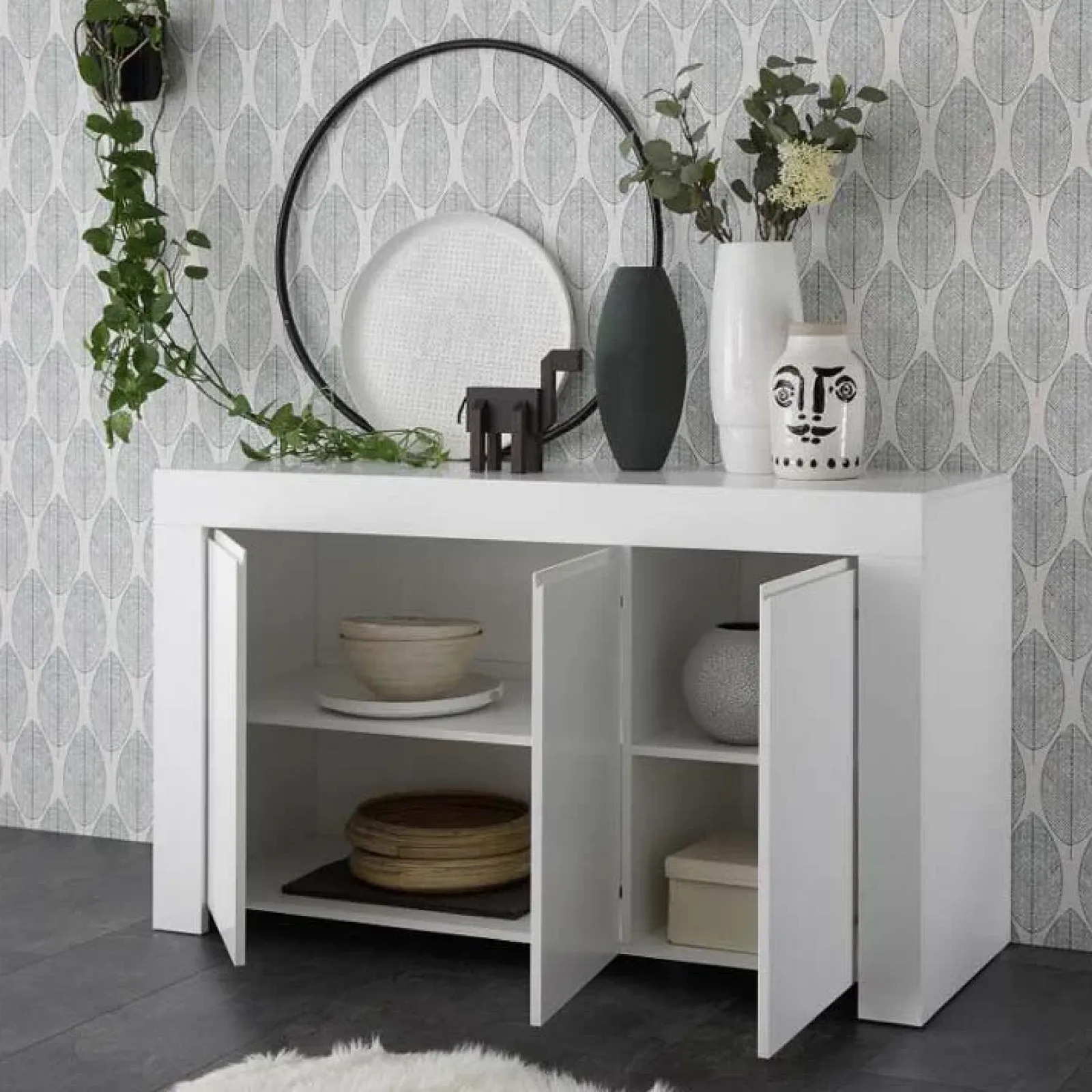 Garnero Arredamenti Credenze Moderne|Madie Moderne-Madia 138x81h cm 3 ante moderna soggiorno Halston Bianco Opaco