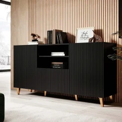 Garnero Arredamenti Credenze Moderne-Madia 151x83h cm 3 ante moderna industrial cannettato nero Essence Nero Opaco