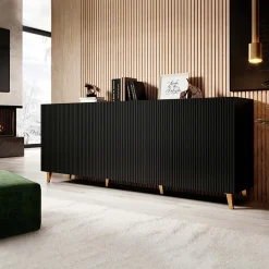 Garnero Arredamenti Credenze Moderne-Madia 201x83h cm 4 ante moderna cannettato nero Essence Nero Opaco