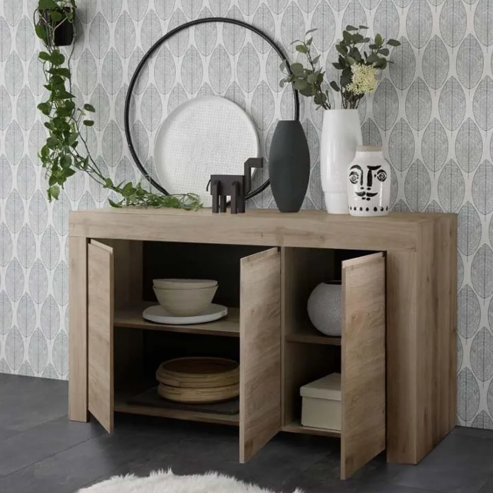 Garnero Arredamenti Credenze Moderne|Madie Moderne-Madia 138x81h cm 3 ante moderna chiaro Halston Rovere