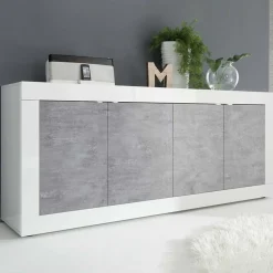 Garnero Arredamenti Credenze Moderne|Madie Moderne-Madia 207x86h cm 4 ante moderna soggiorno bianco lucido cemento Eternity Cemento - Bianco Lucido