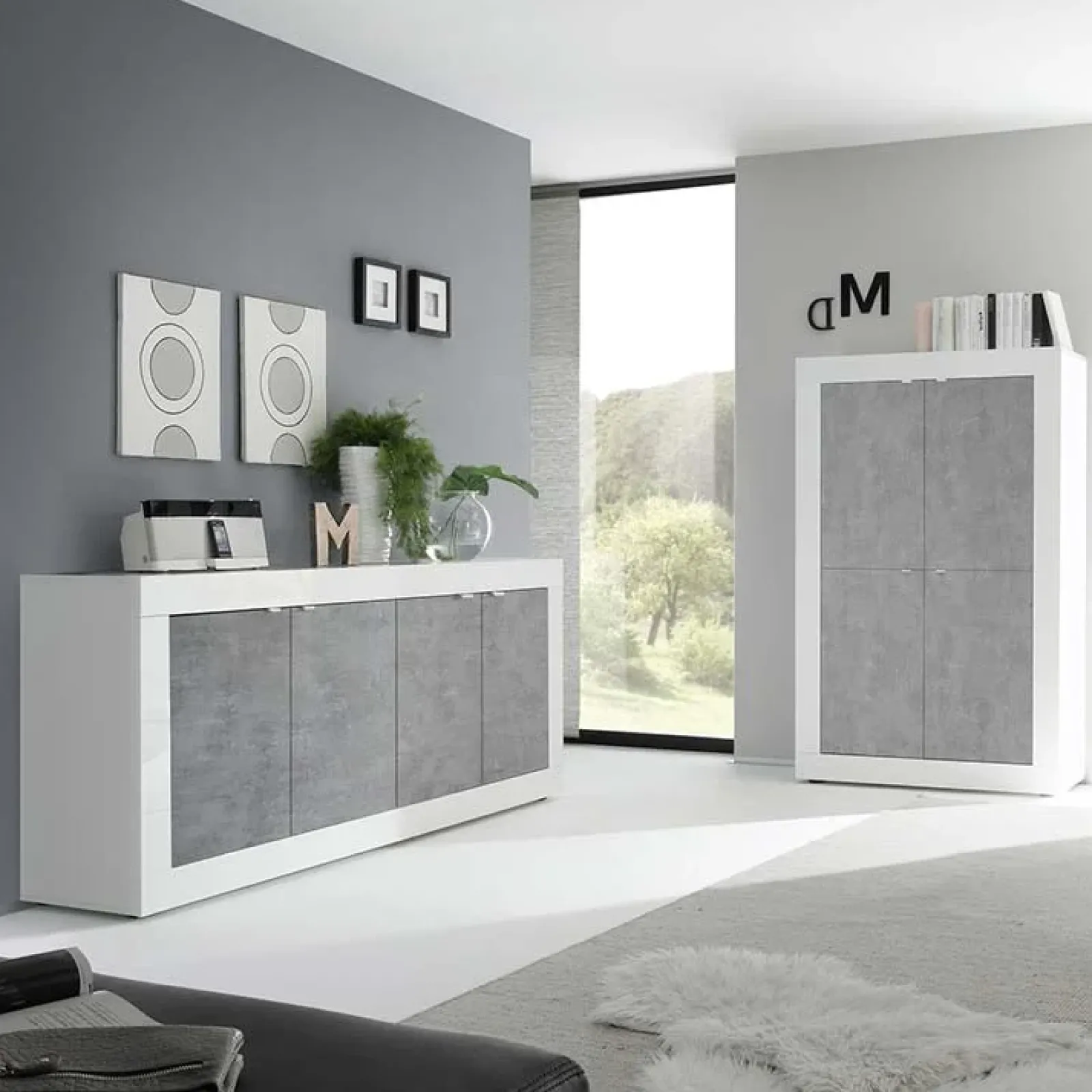 Garnero Arredamenti Credenze Moderne|Madie Moderne-Madia 207x86h cm 4 ante moderna soggiorno bianco lucido cemento Eternity Cemento - Bianco Lucido