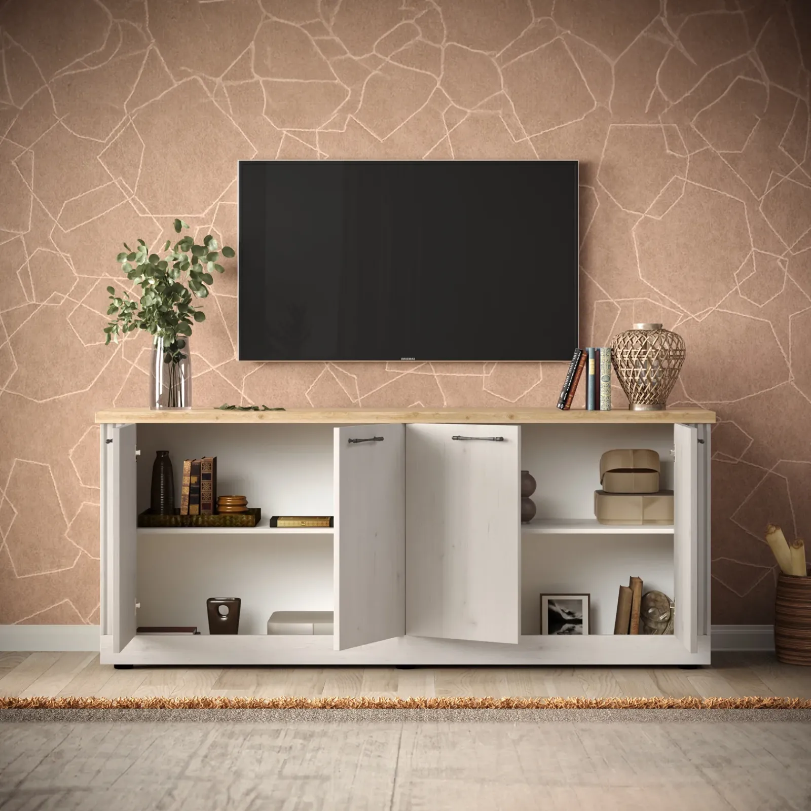 Garnero Arredamenti Madie Moderne|Madie Moderne-Madia 211x88h cm 4 ante rovere bianco frassinato Armonia