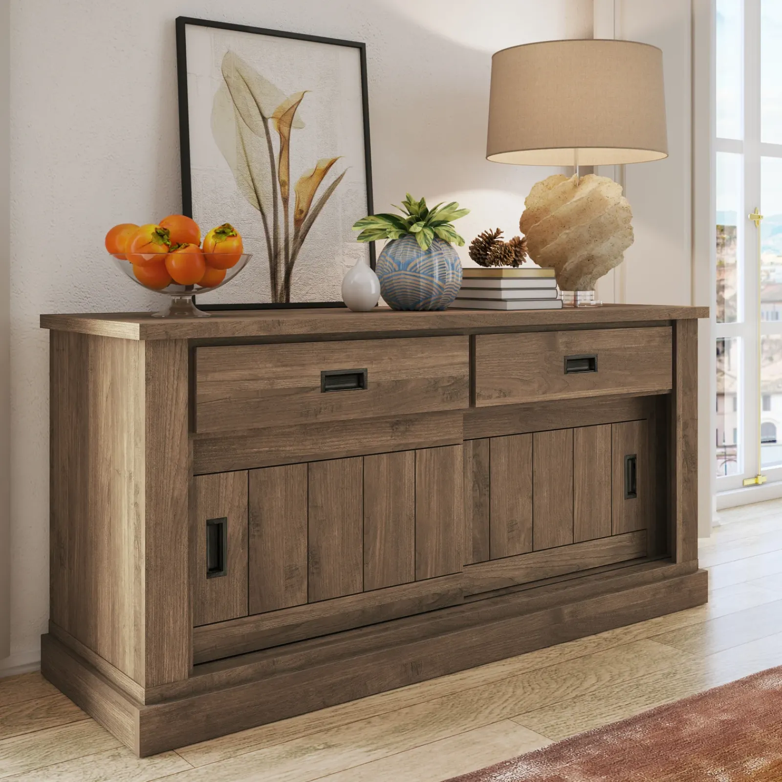 Garnero Arredamenti Credenze Moderne|Madie Moderne-Madia 150x100h cm 2 ante scorrevoli 2 cassetti soggiorno nero Islen Noce