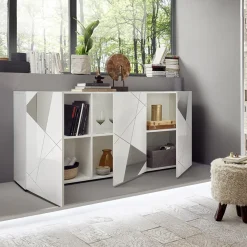 Garnero Arredamenti Credenze Moderne|Madie Moderne-Madia 181x84h cm 3 ante soggiorno specchio con serigrafia Olimpo Bianco Lucido