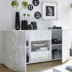 Garnero Arredamenti Credenze Moderne|Madie Moderne-Madia 181x84h cm 2 ante soggiorno bianco laccato lucido con serigrafia Marvis Bianco Lucido