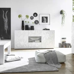 Garnero Arredamenti Credenze Moderne|Madie Moderne-Madia 181x84h cm 2 ante soggiorno bianco laccato lucido con serigrafia Marvis Bianco Lucido