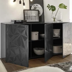 Garnero Arredamenti Credenze Moderne|Madie Moderne-Madia 181x84h cm 3 ante soggiorno grigio lucido con serigrafia Marvis Antracite