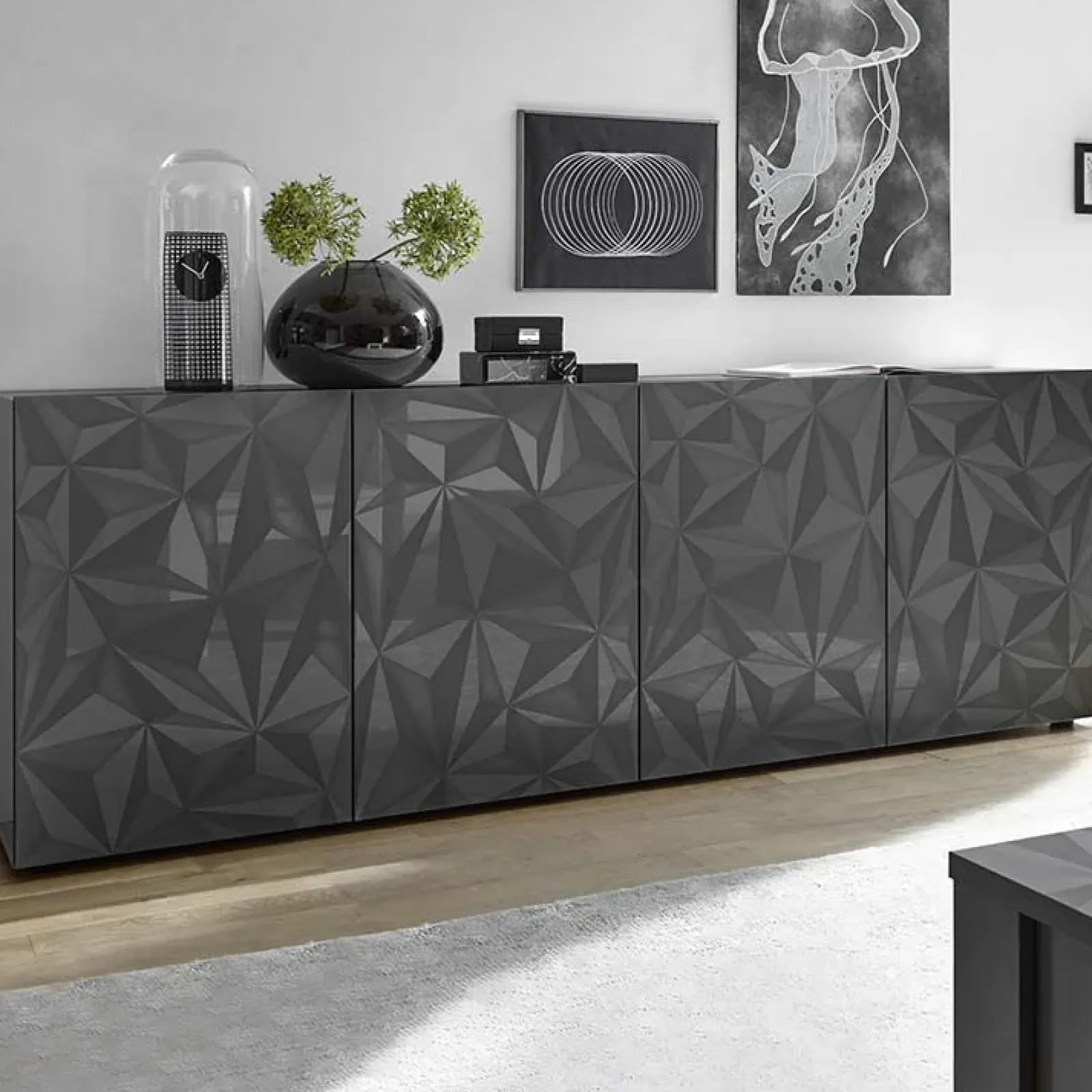 Garnero Arredamenti Credenze Moderne|Madie Moderne-Madia 241x84h cm 4 ante soggiorno grigio con serigrafia Marvis Antracite