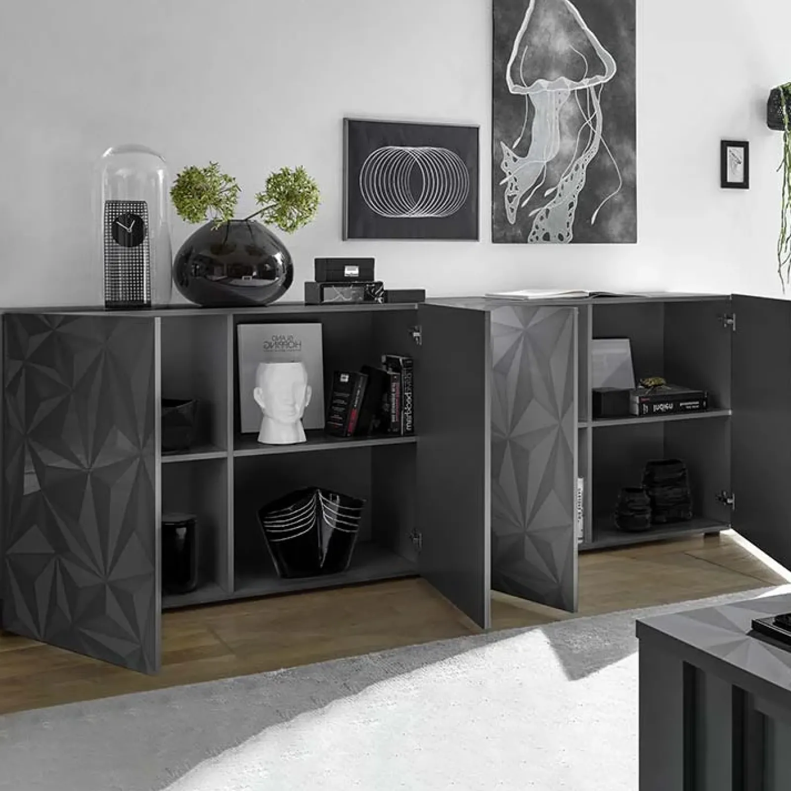 Garnero Arredamenti Credenze Moderne|Madie Moderne-Madia 241x84h cm 4 ante soggiorno grigio con serigrafia Marvis Antracite