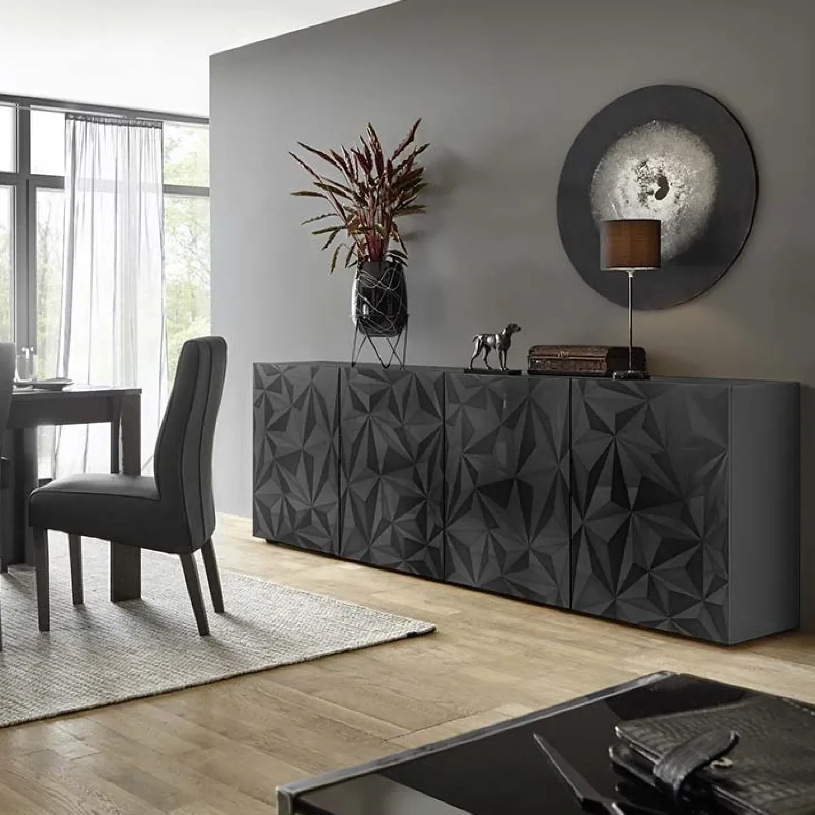 Garnero Arredamenti Credenze Moderne|Madie Moderne-Madia 241x84h cm 4 ante soggiorno grigio con serigrafia Marvis Antracite