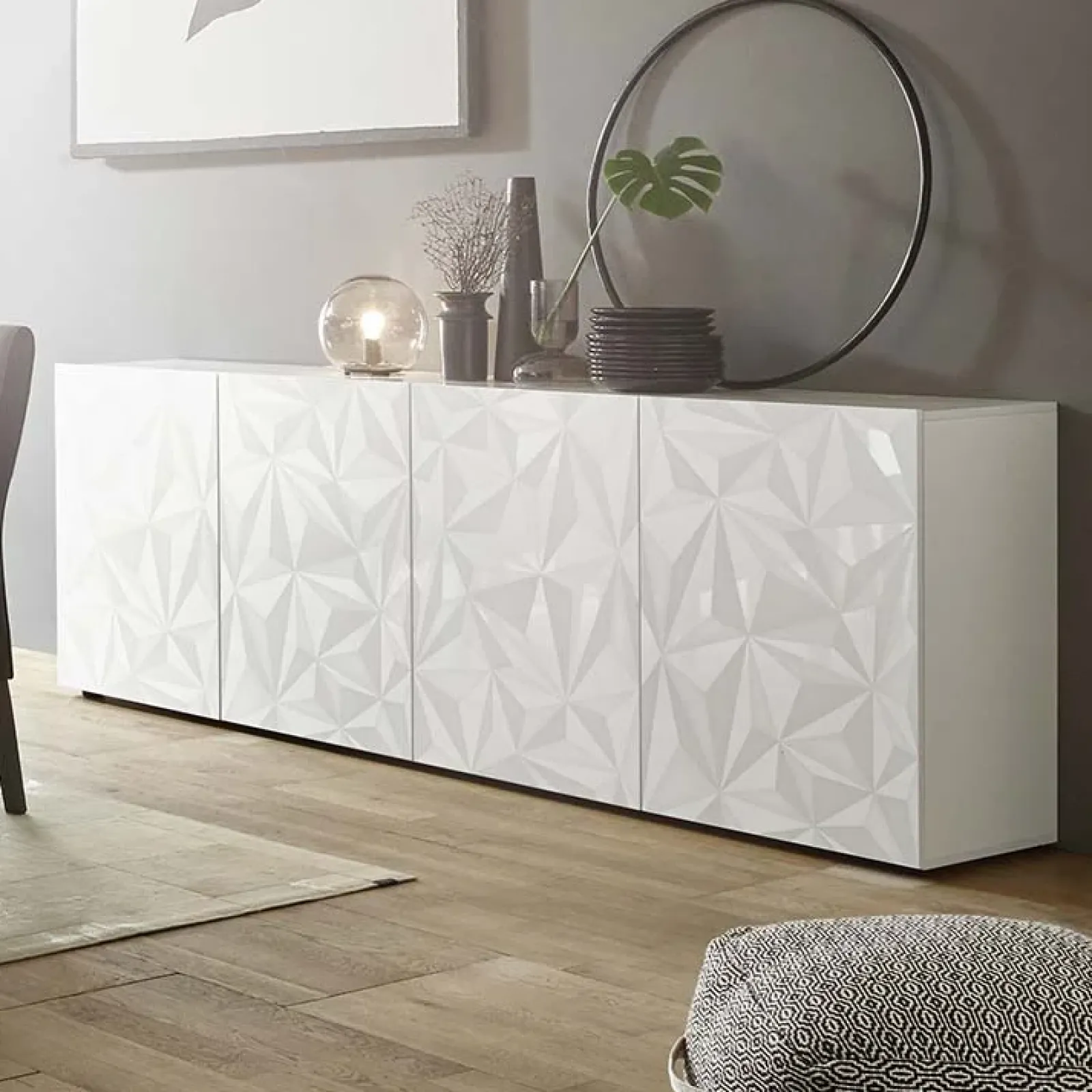 Garnero Arredamenti Credenze Moderne|Madie Moderne-Madia 241x84h cm 4 ante soggiorno con serigrafia Marvis Bianco Lucido