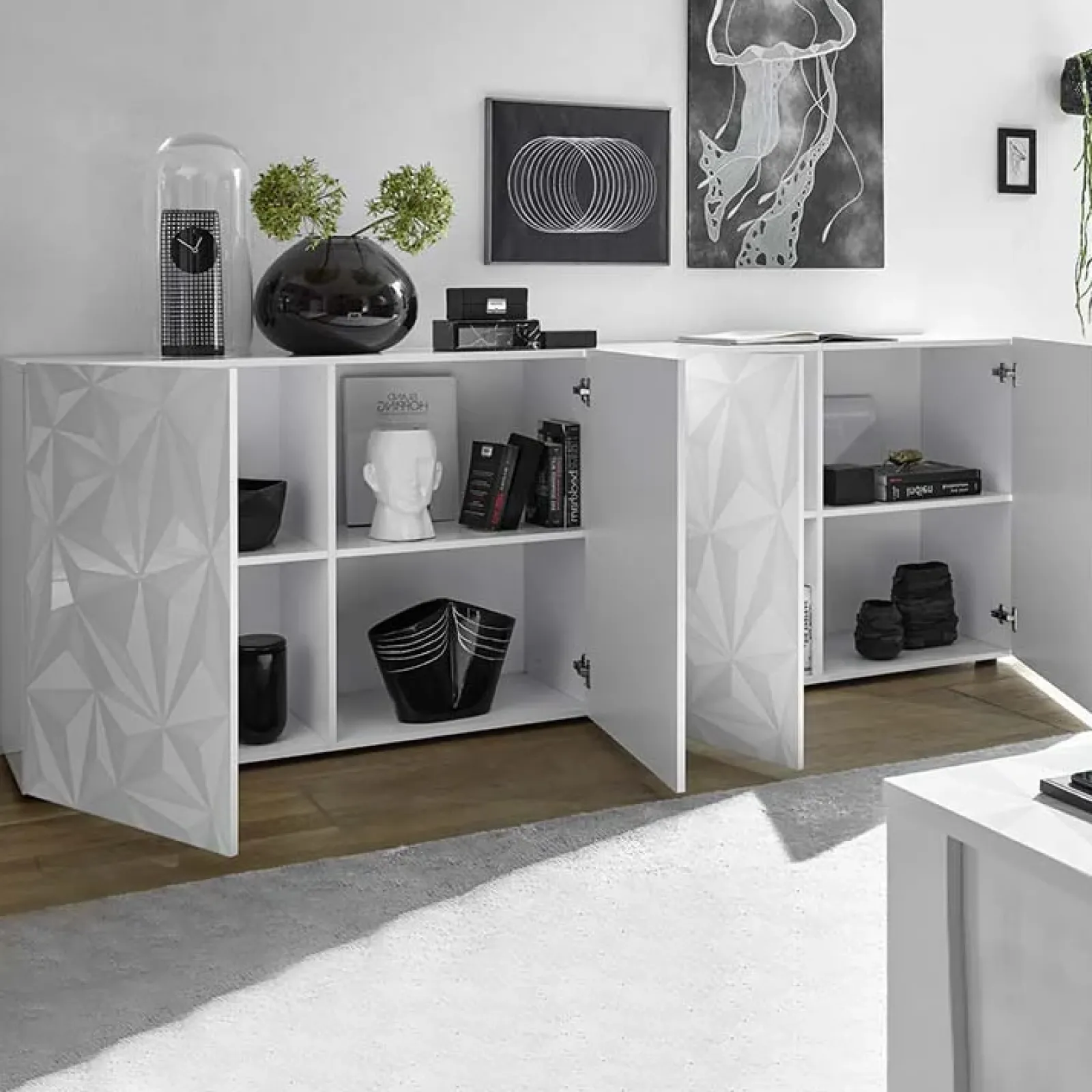 Garnero Arredamenti Credenze Moderne|Madie Moderne-Madia 241x84h cm 4 ante soggiorno con serigrafia Marvis Bianco Lucido