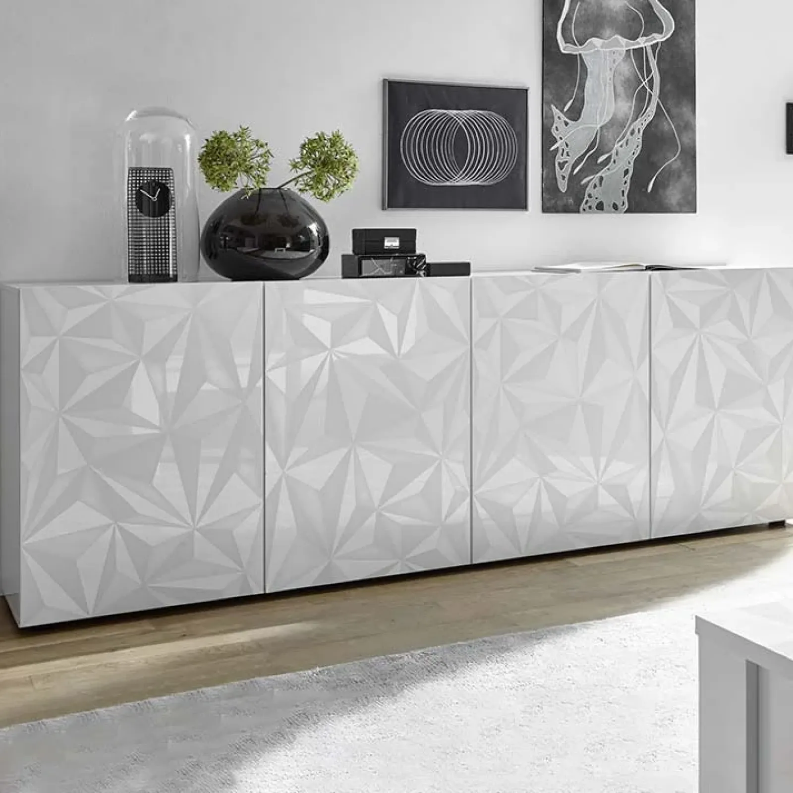 Garnero Arredamenti Credenze Moderne|Madie Moderne-Madia 241x84h cm 4 ante soggiorno con serigrafia Marvis Bianco Lucido