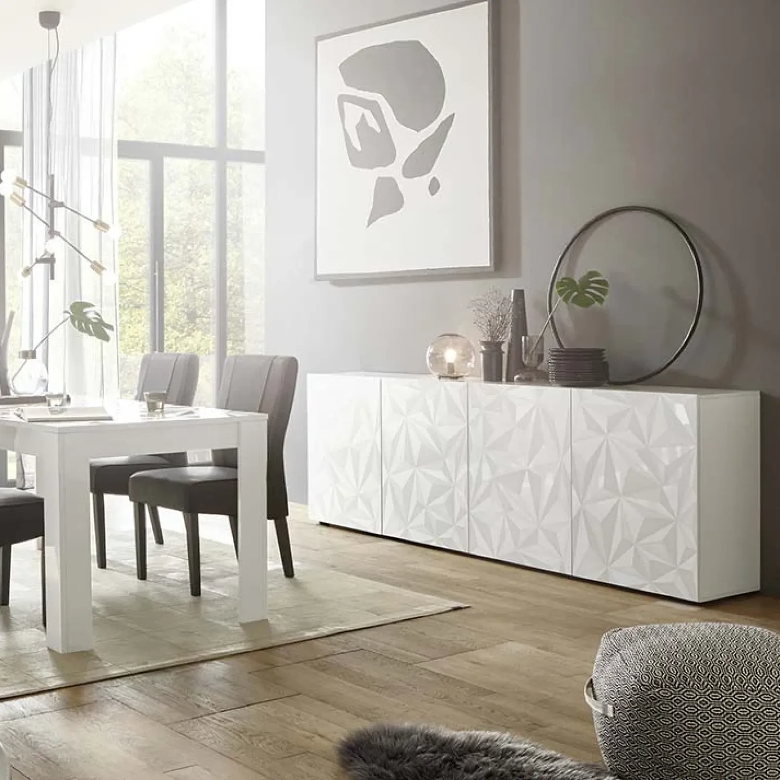 Garnero Arredamenti Credenze Moderne|Madie Moderne-Madia 241x84h cm 4 ante soggiorno con serigrafia Marvis Bianco Lucido