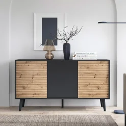 Garnero Arredamenti Madie Moderne|Madie Moderne-Madia 154x83h cm 3 ante soggiorno design rovere cannettato nero Tonk