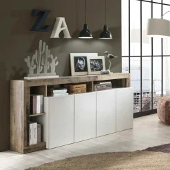 Garnero Arredamenti Credenze Moderne|Madie Moderne-Madia 184x93h cm 4 ante soggiorno bianco lucido pero Invictus Bianco Lucido - Rovere Rustico