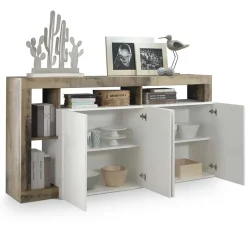 Garnero Arredamenti Credenze Moderne|Madie Moderne-Madia 184x93h cm 4 ante soggiorno bianco lucido pero Invictus Bianco Lucido - Rovere Rustico