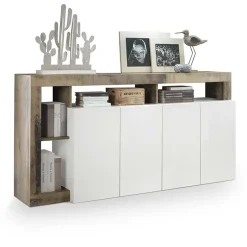 Garnero Arredamenti Credenze Moderne|Madie Moderne-Madia 184x93h cm 4 ante soggiorno bianco lucido pero Invictus Bianco Lucido - Rovere Rustico