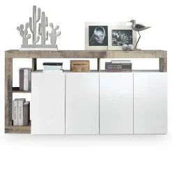 Garnero Arredamenti Credenze Moderne|Madie Moderne-Madia 184x93h cm 4 ante soggiorno bianco lucido pero Invictus Bianco Lucido - Rovere Rustico