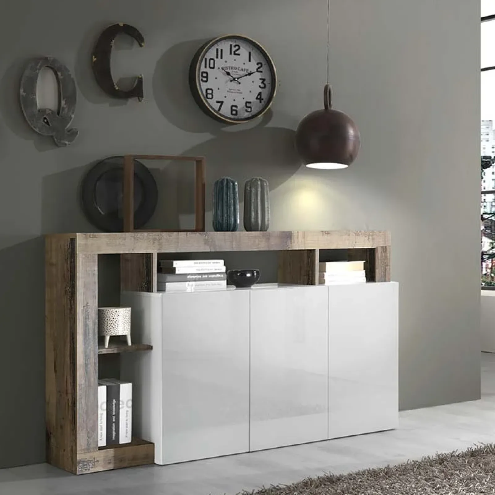 Garnero Arredamenti Credenze Moderne|Madie Moderne-Madia 146x93h cm 3 ante vani a giorno moderna bianco pero Invictus Bianco Lucido - Rovere Rustico
