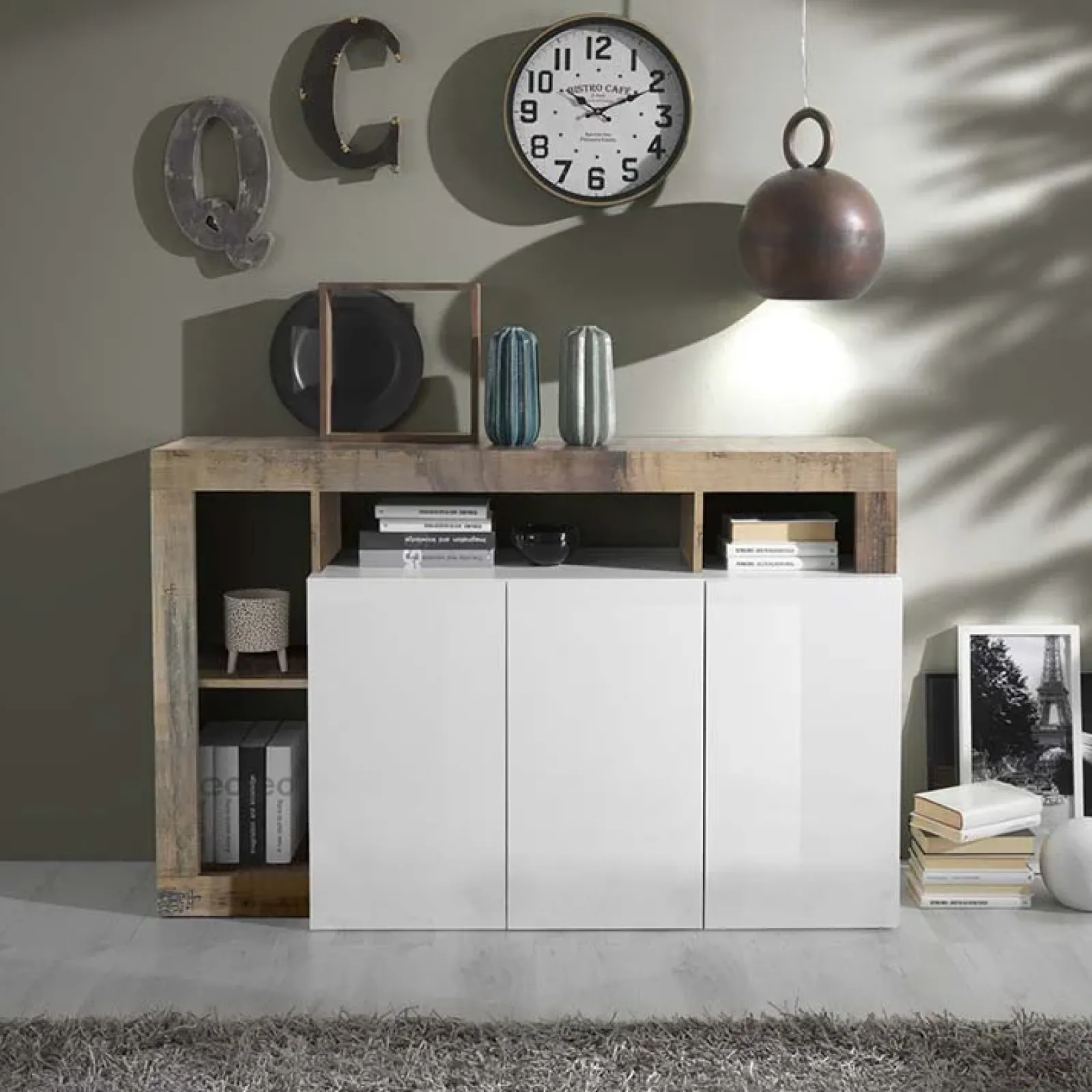 Garnero Arredamenti Credenze Moderne|Madie Moderne-Madia 146x93h cm 3 ante vani a giorno moderna bianco pero Invictus Bianco Lucido - Rovere Rustico