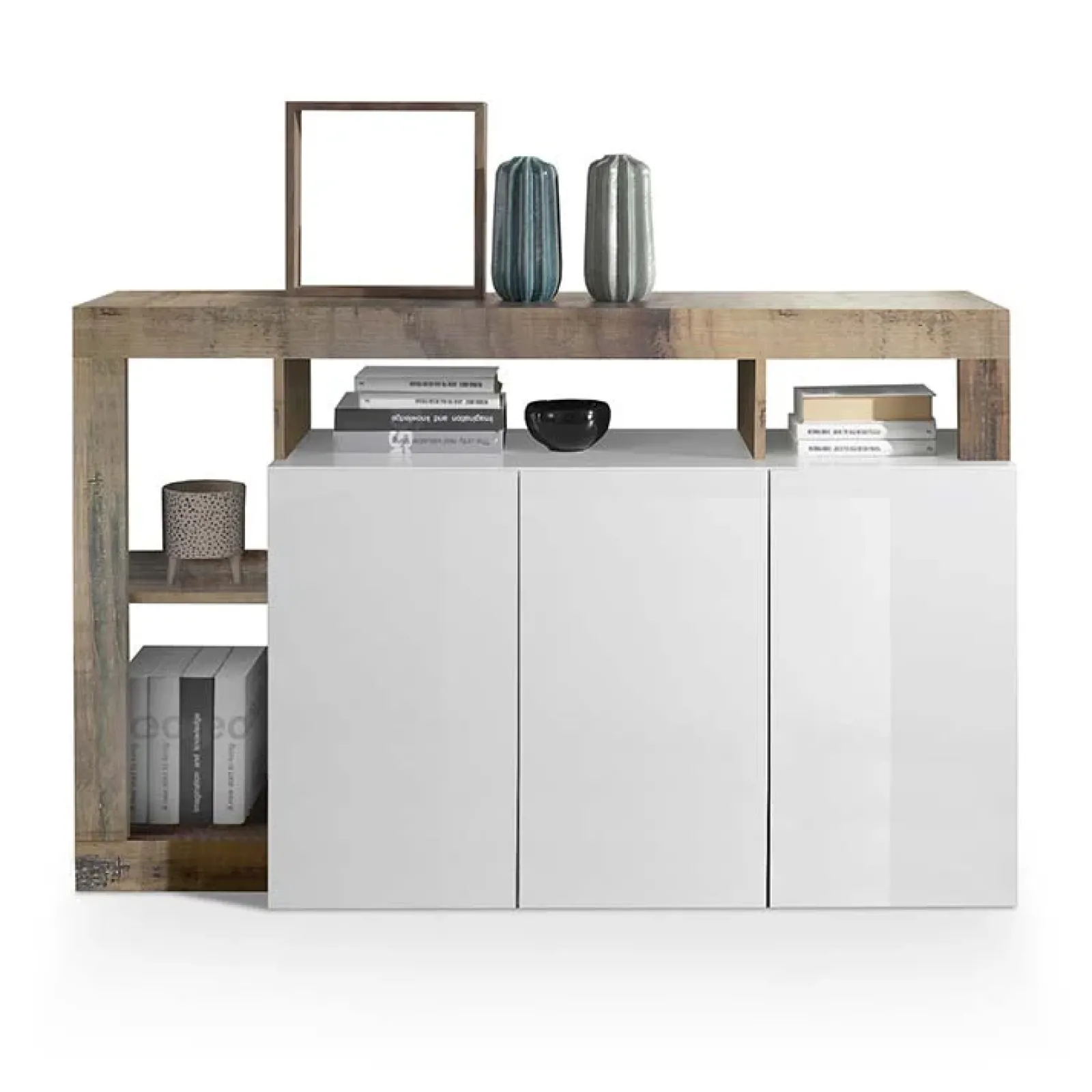 Garnero Arredamenti Credenze Moderne|Madie Moderne-Madia 146x93h cm 3 ante vani a giorno moderna bianco pero Invictus Bianco Lucido - Rovere Rustico