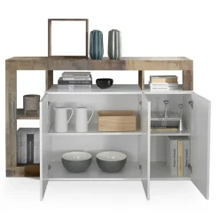 Garnero Arredamenti Credenze Moderne|Madie Moderne-Madia 146x93h cm 3 ante vani a giorno moderna bianco pero Invictus Bianco Lucido - Rovere Rustico