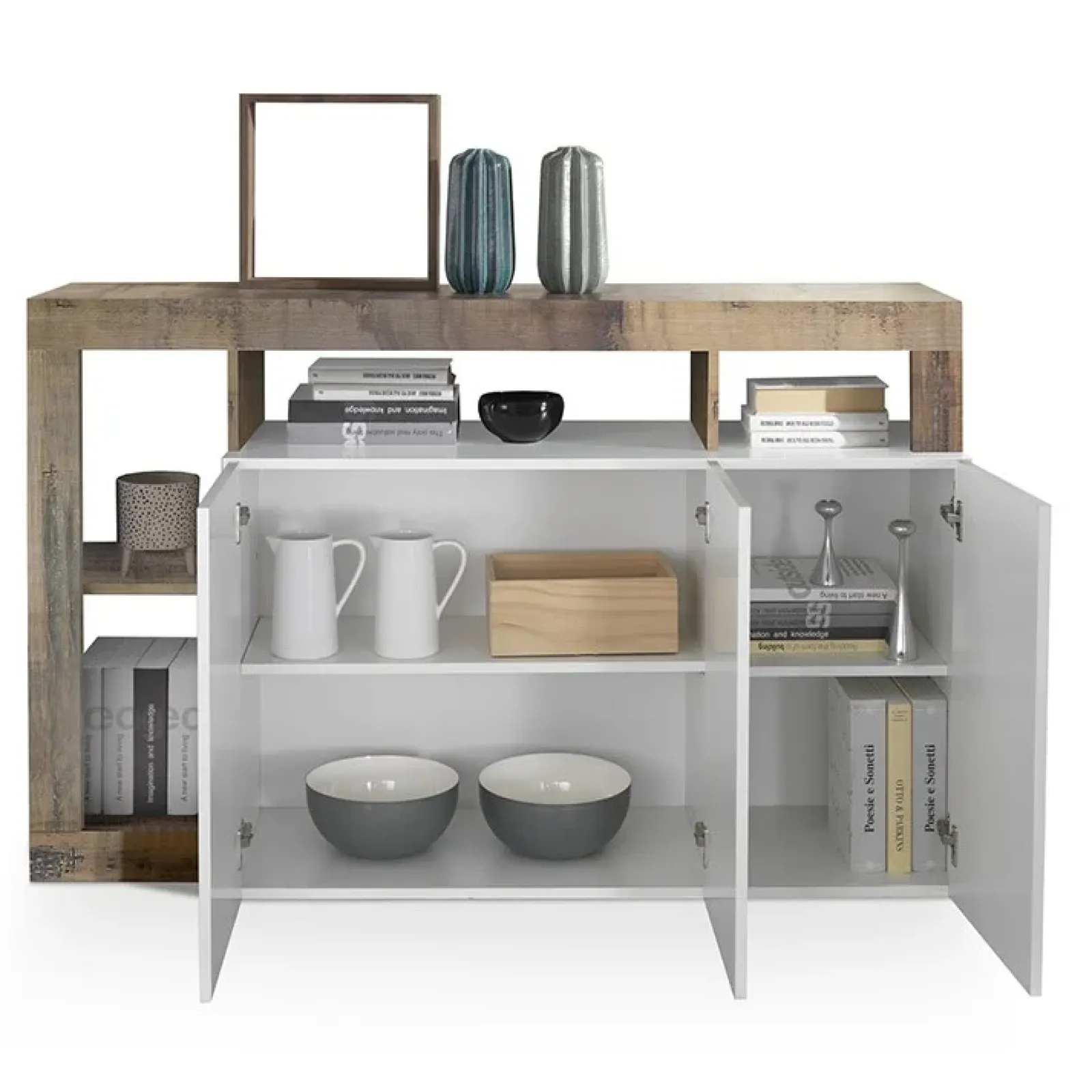 Garnero Arredamenti Credenze Moderne|Madie Moderne-Madia 146x93h cm 3 ante vani a giorno moderna bianco pero Invictus Bianco Lucido - Rovere Rustico