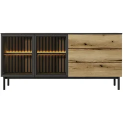 Garnero Arredamenti Madie Moderne|Madie Moderne-Madia 180x85h cm 2 ante vetrate 3 cassetti con led nero opaco rovere Amel