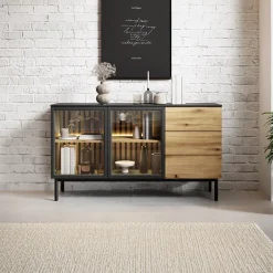 Garnero Arredamenti Madie Moderne|Madie Moderne-Madia 150x85h cm 2 ante vetrate 3 cassetti con led nero rovere Amel