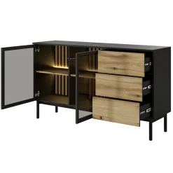 Garnero Arredamenti Madie Moderne|Madie Moderne-Madia 150x85h cm 2 ante vetrate 3 cassetti con led nero rovere Amel