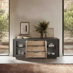 Garnero Arredamenti Credenze Moderne|Madie Moderne-Madia 180x80h cm 3 cassetti 2 ante moderna antracite rovere chiaro Deluxe Antracite - Rovere