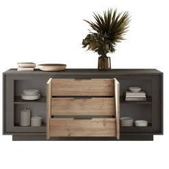 Garnero Arredamenti Credenze Moderne|Madie Moderne-Madia 180x80h cm 3 cassetti 2 ante moderna antracite rovere chiaro Deluxe Antracite - Rovere
