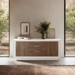 Garnero Arredamenti Credenze Moderne|Madie Moderne-Madia 180x80h cm 3 cassetti 2 ante moderna bianco opaco rovere scuro Deluxe Rovere Rustico - Bianco opaco