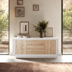 Garnero Arredamenti Credenze Moderne|Madie Moderne-Madia 180x80h cm 3 cassetti 2 ante moderna bianco opaco rovere chiaro Deluxe Rovere - Bianco opaco