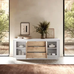 Garnero Arredamenti Credenze Moderne|Madie Moderne-Madia 180x80h cm 3 cassetti 2 ante moderna bianco opaco rovere chiaro Deluxe Rovere - Bianco opaco